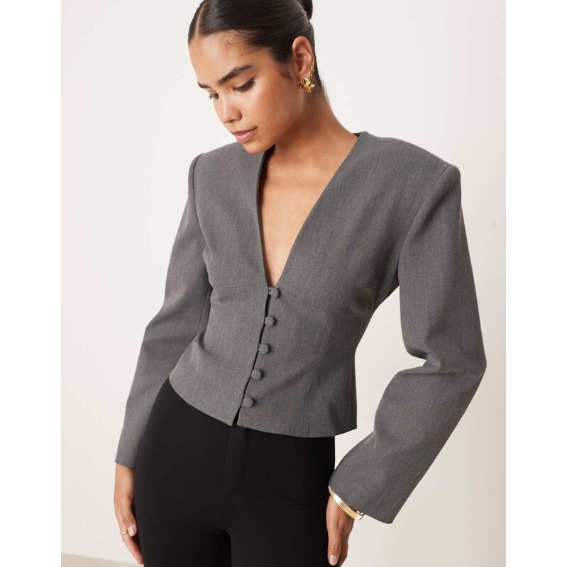 ASOS DESIGN plunge neck cinch waist blazer in grey marl