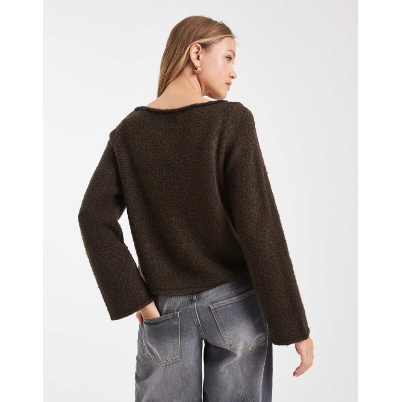 ASOS DESIGN boucle slash neck top in chocolate-White