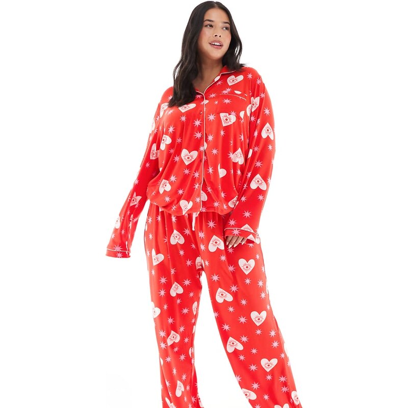 Loungeable Curve super soft jersey revere top and wide leg pyjama set 115511671