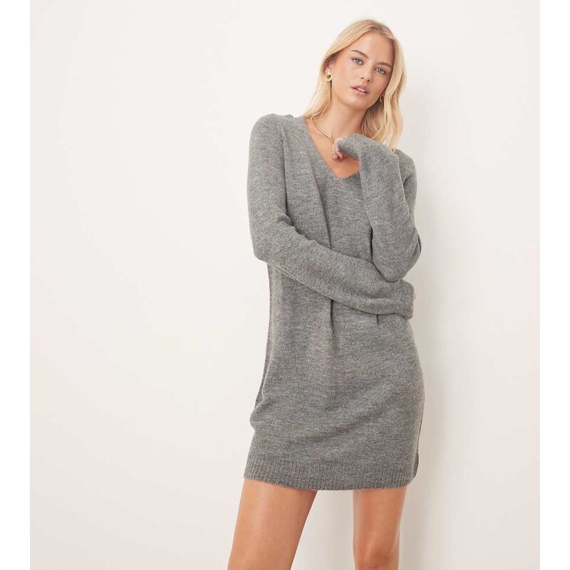 JDY Tall v neck balloon sleeve knitted mini dress in dark grey melange 108468198