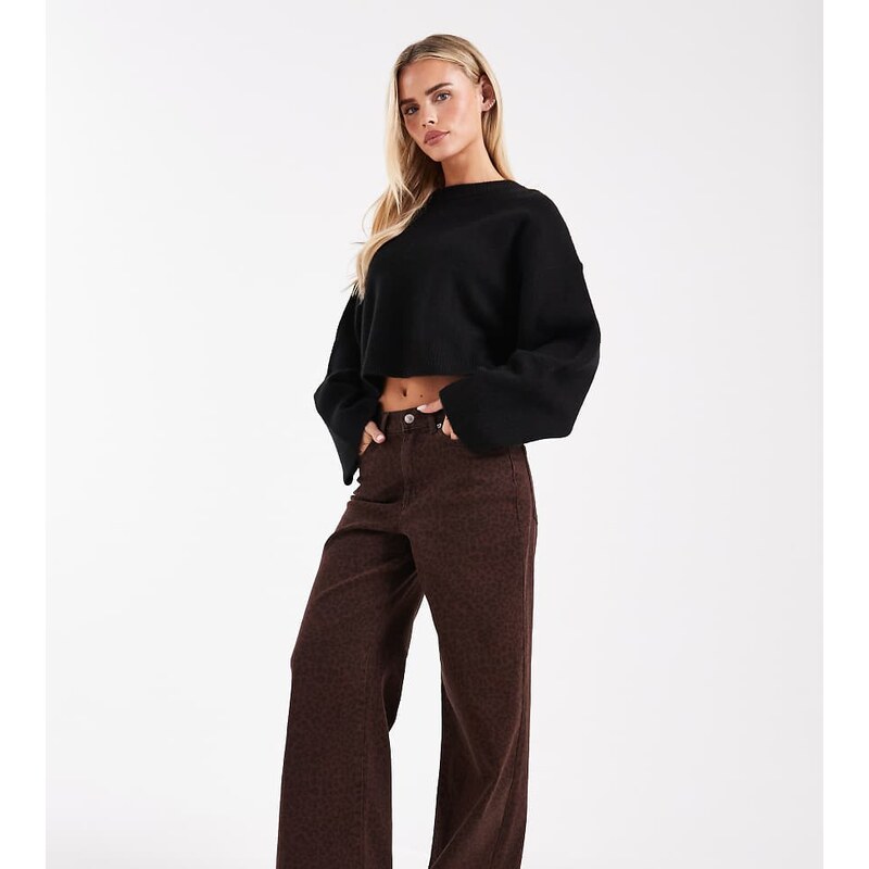 ONLY Petite Madison leo print wide leg jeans in chocolate brown