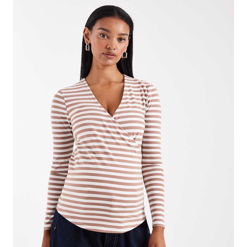 ONLY Maternity wrap top in white and brown stripes