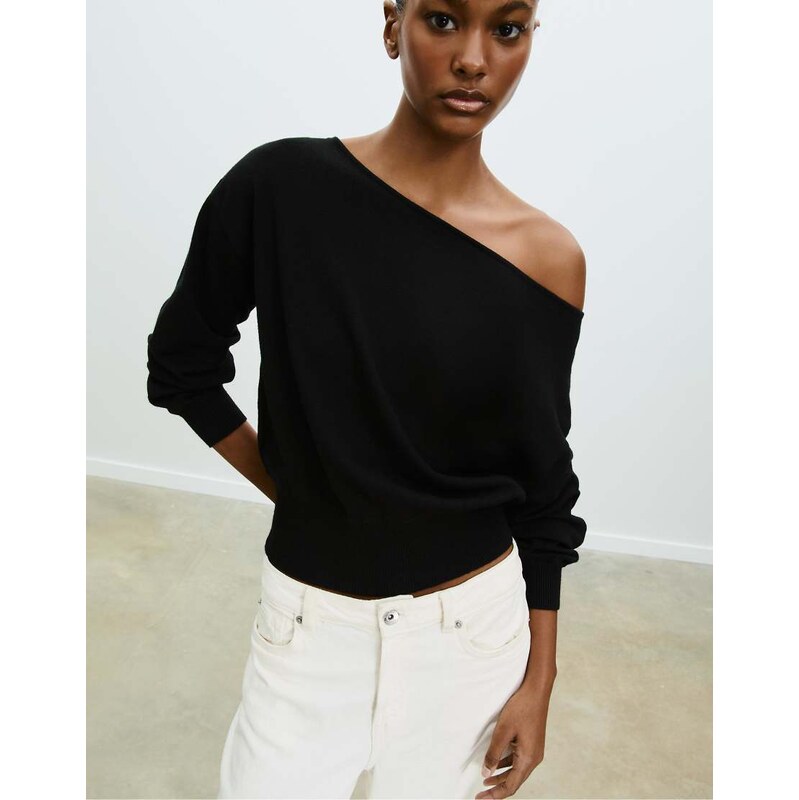 Stradivarius Boat neck knit sweater in black