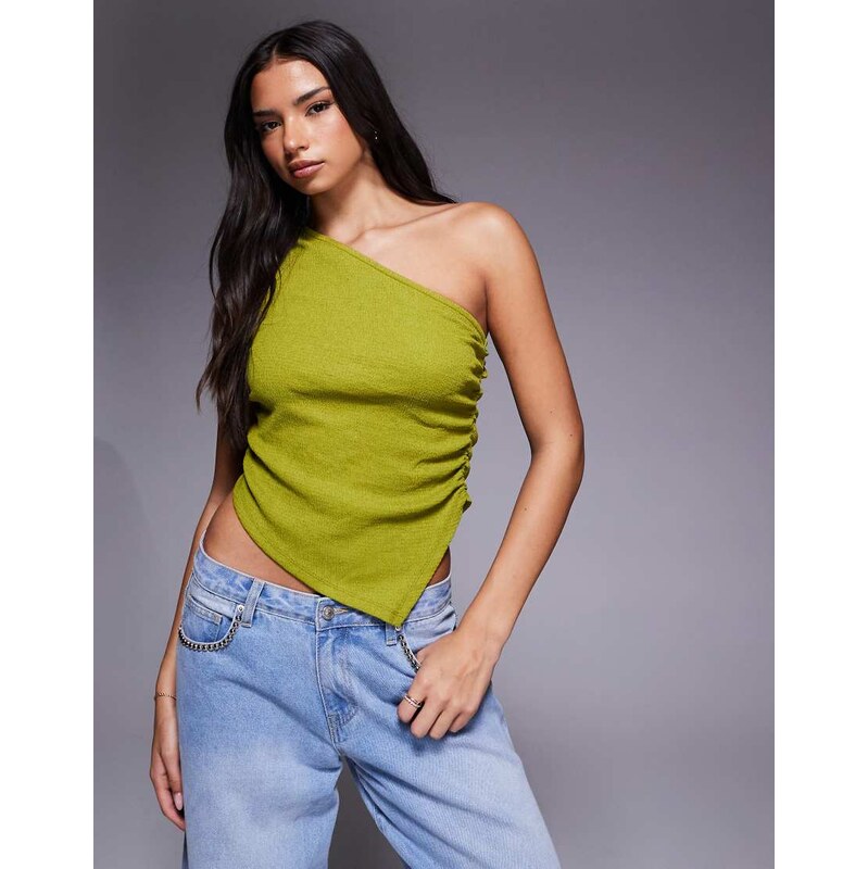 ASOS DESIGN textured one shoulder ruched top in green