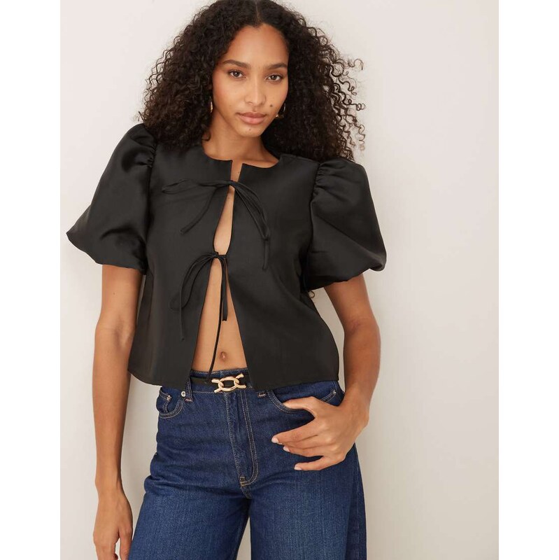 Vila tie front volume sleeve blouse in black 108468475