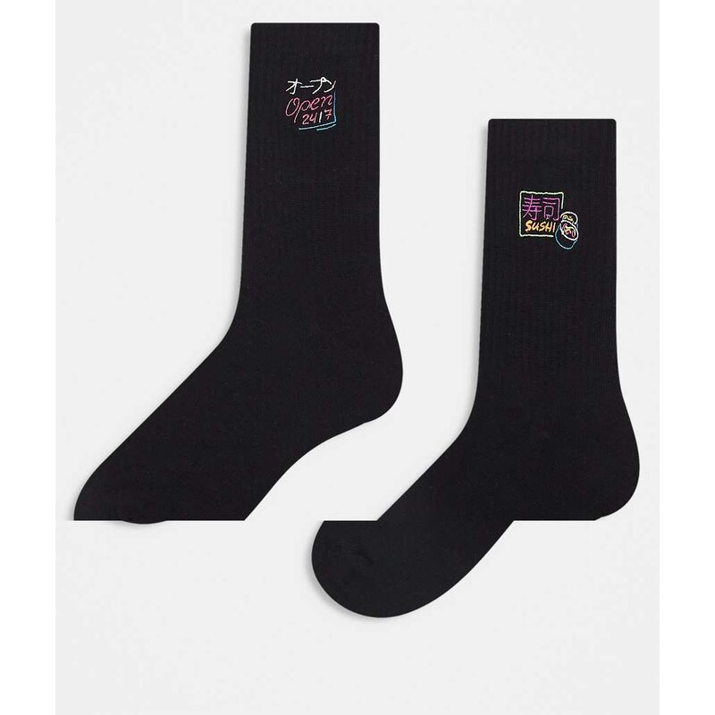 ASOS DESIGN 2 pack socks with neon sign embroidery socks in white 108468268