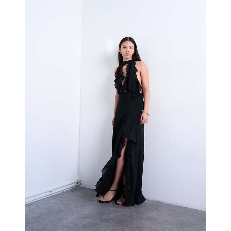 Topshop deep plunge ruffle maxi gown in black 114387341