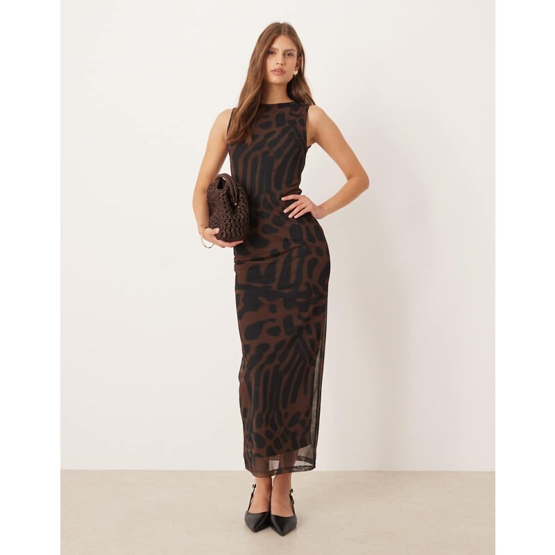 ASOS DESIGN mesh sleeveless midi dress in brown animal print