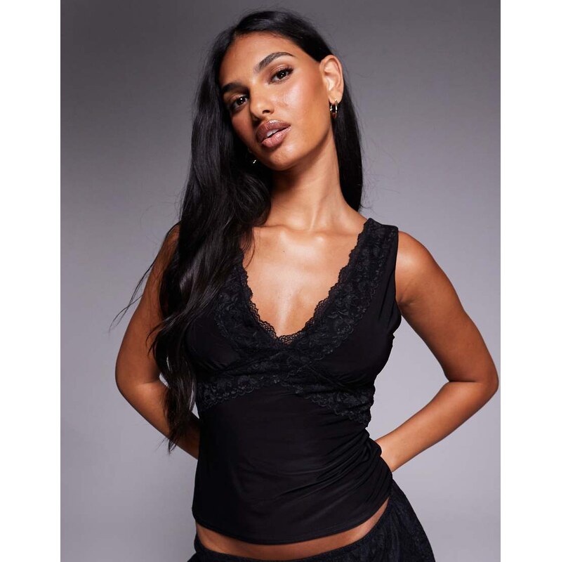 Fashionkilla exclusive double sculpted slinky lace trim v neck vest 111244551