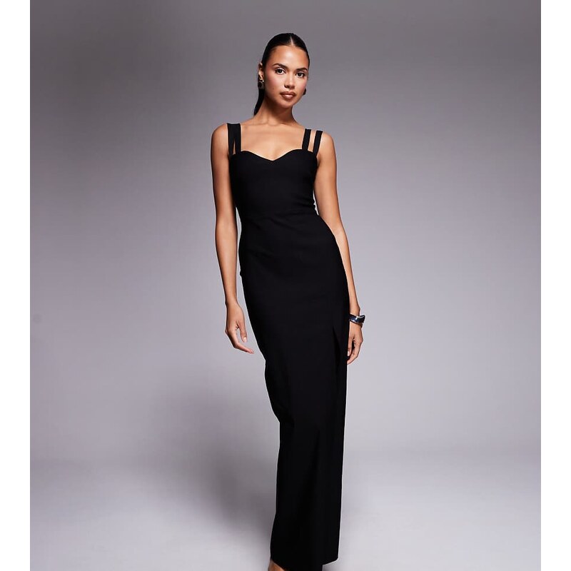 Vesper bengaline strappy sweetheart neck maxi dress in black