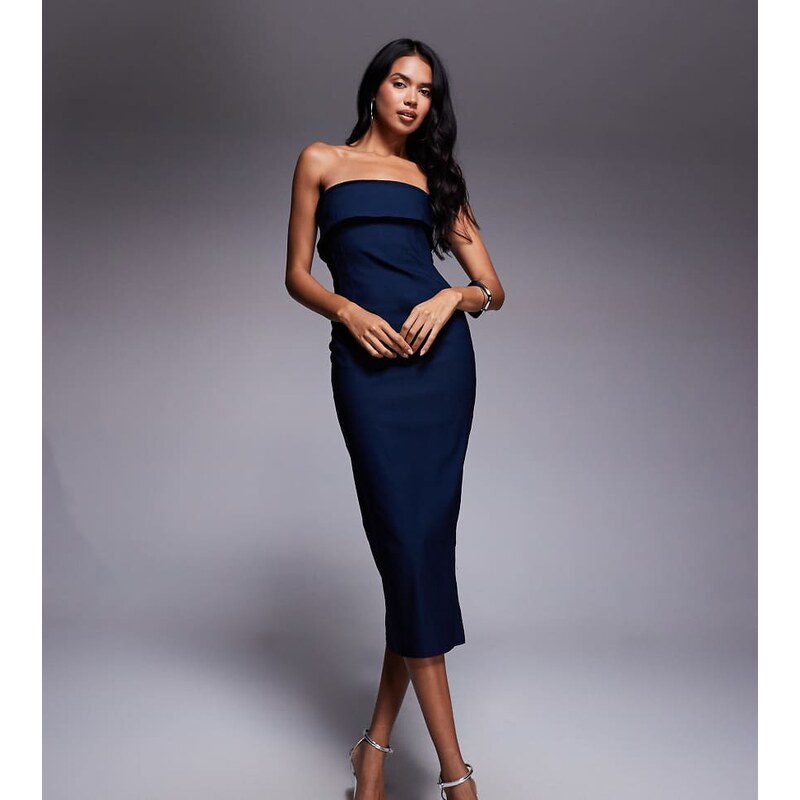 Vesper bengaline bandeau fold over midaxi dress in navy