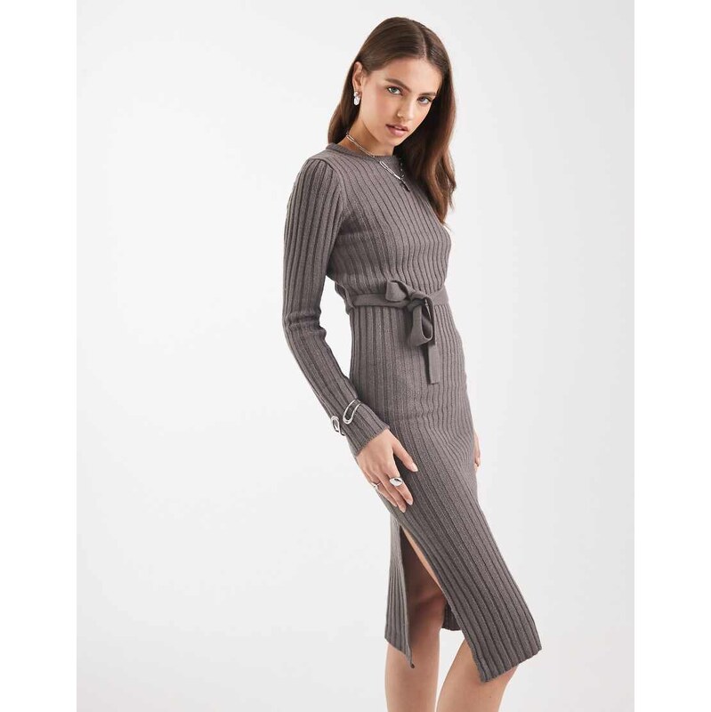 Brave Soul midi jumper dress with belt tie in charcoal grey 108784000