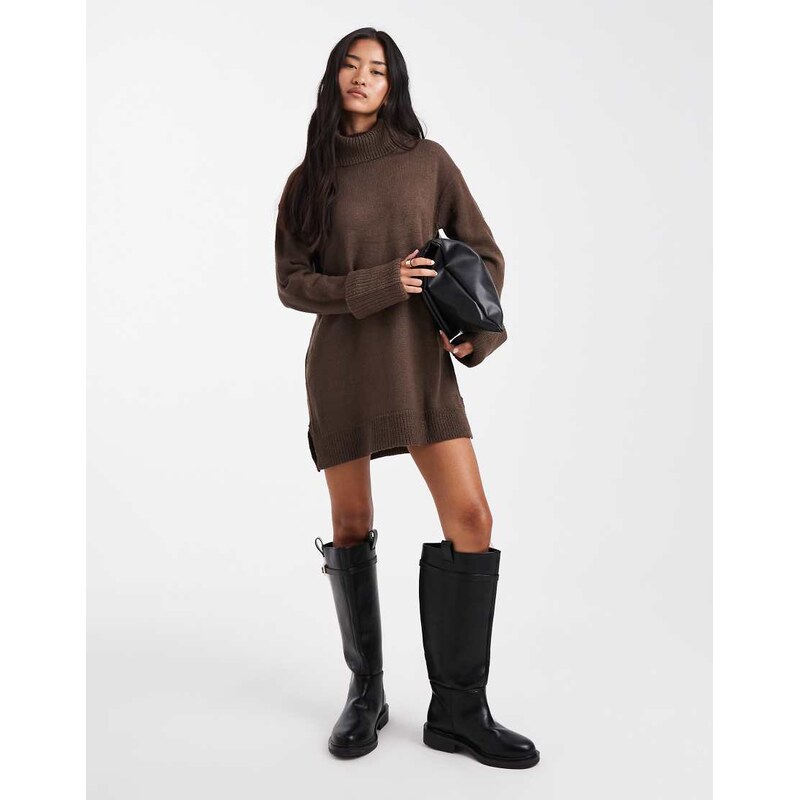 Brave Soul roll neck mini jumper dress in chocolate brown 108784004