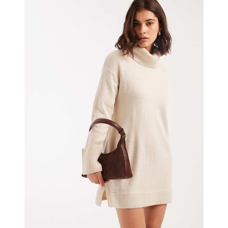 Brave Soul roll neck mini jumper dress in oat-Neutral 108784007