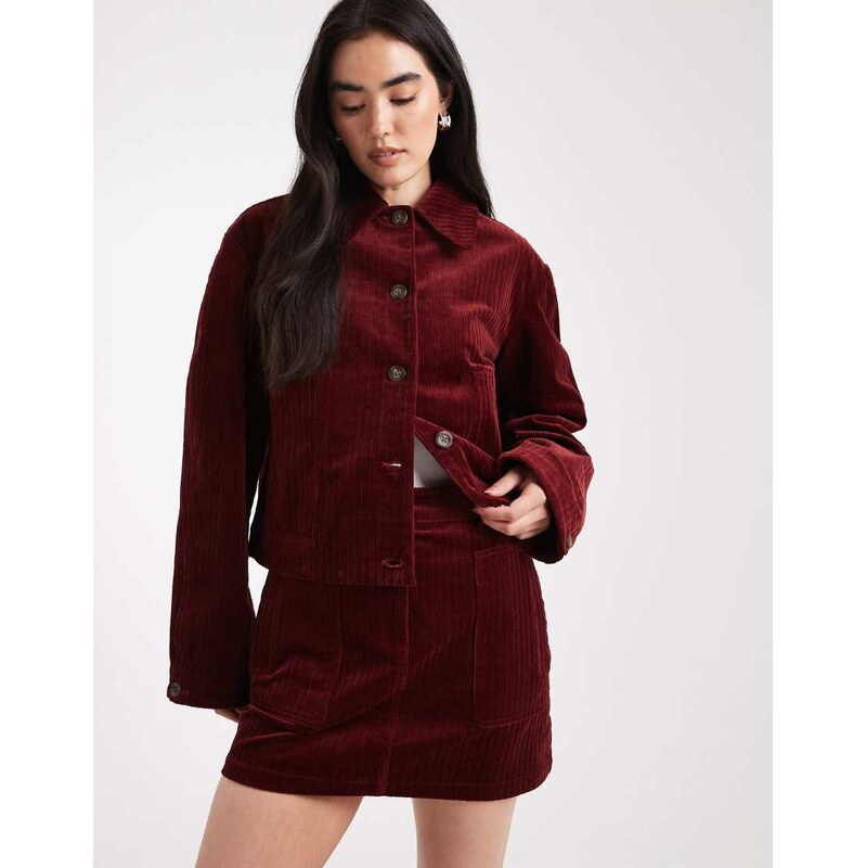 ASOS DESIGN cord mini skirt co-ord in burgundy-Red