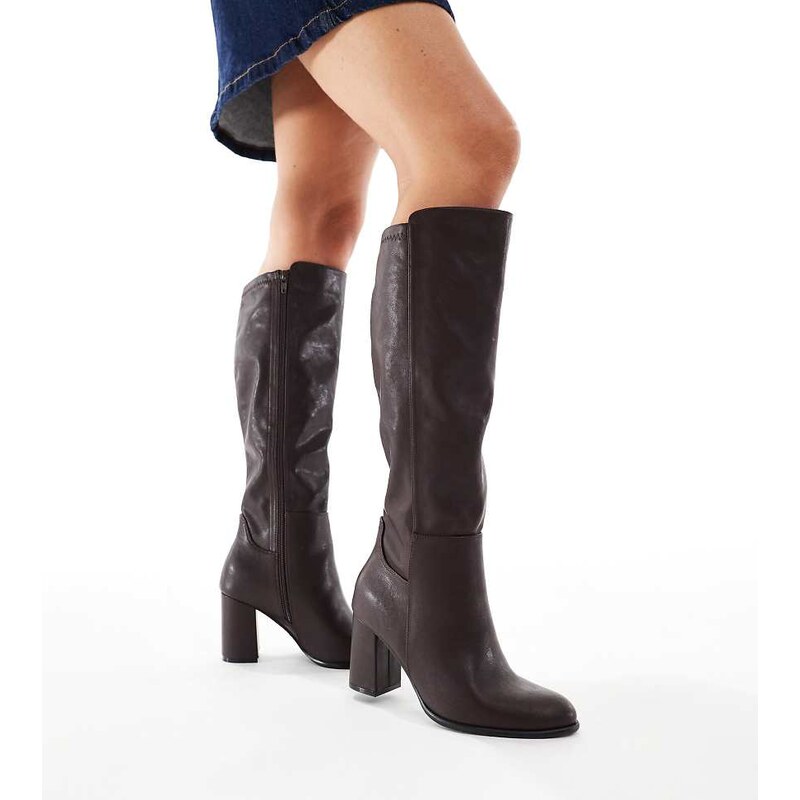 New Look Wide Fit heeled knee boot in burgundy-Red