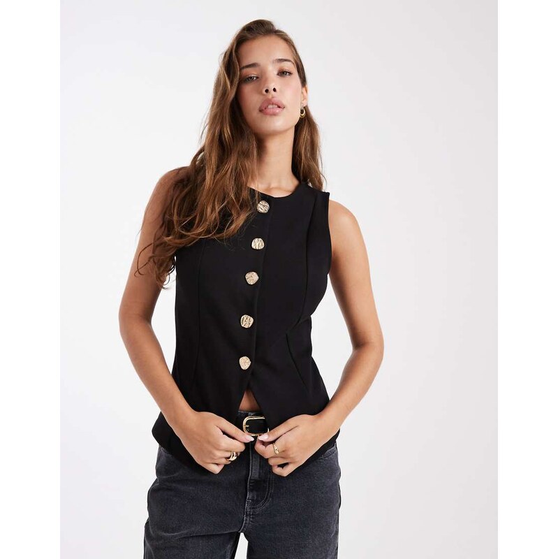 New Look jersey waistcoat with gold buttons in black 108473973