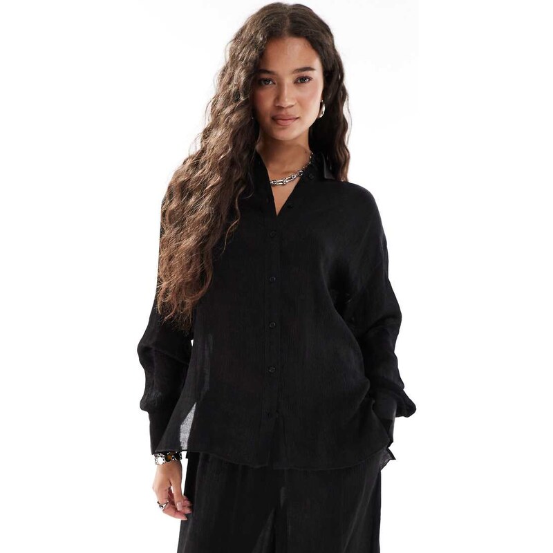 French Connection crinkle satin relaxed shirt co-ord in black