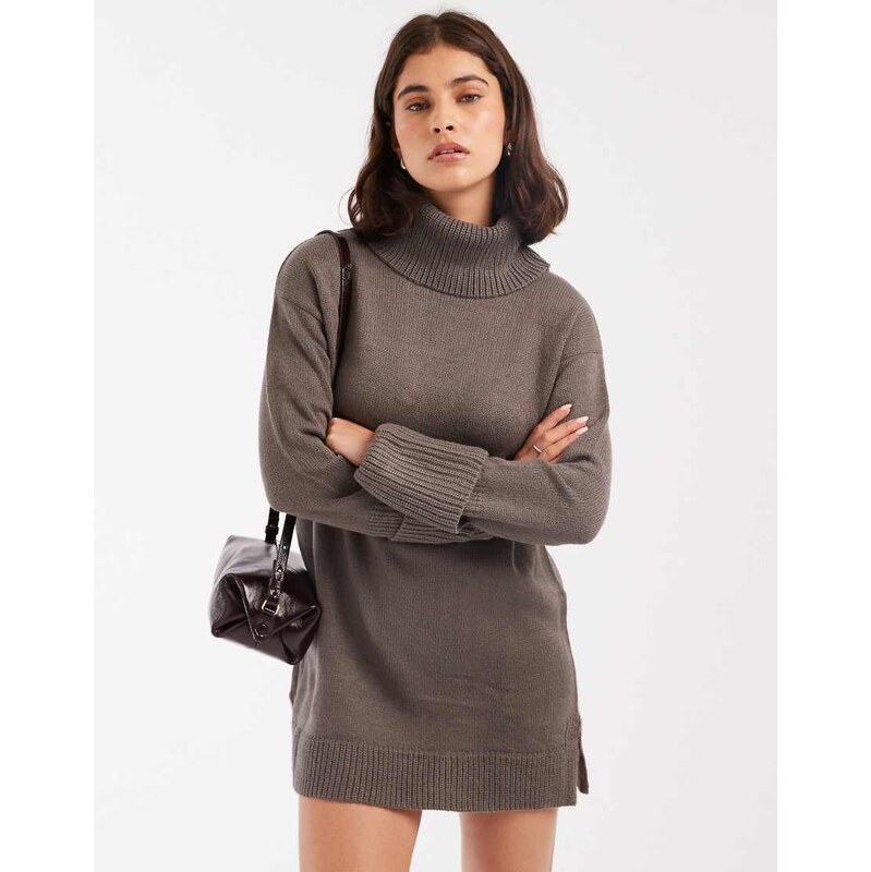 Brave Soul roll neck mini jumper dress in charcoal grey 108784001