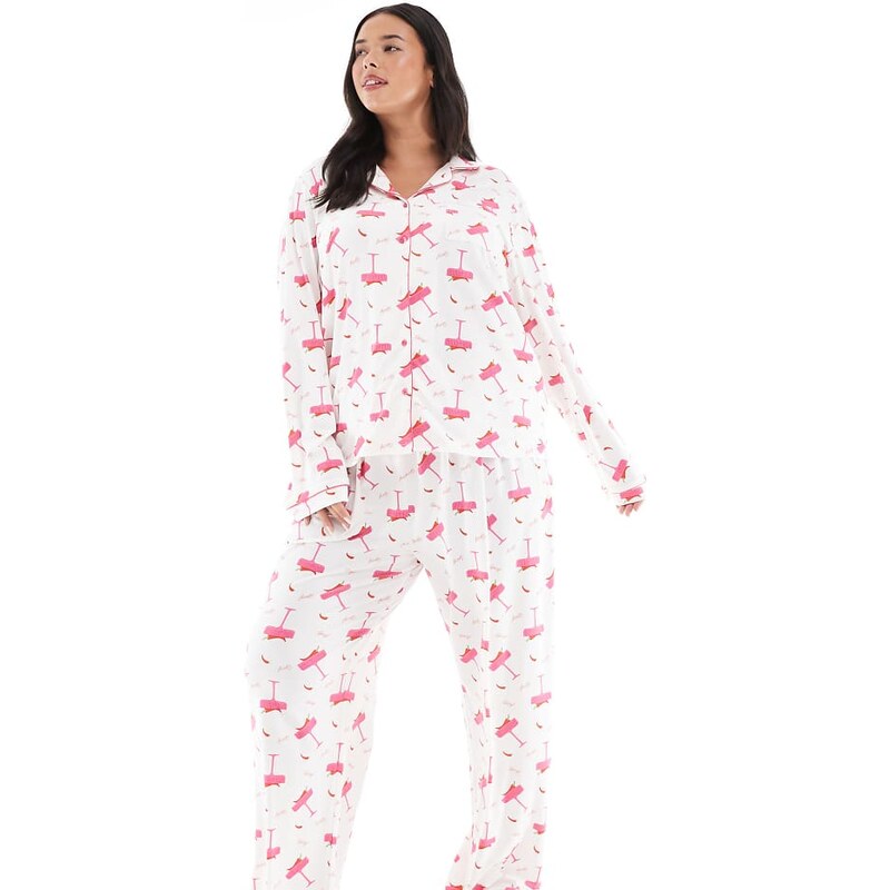 Loungeable Curve super soft jersey revere top and wide leg pyjama set 115511670