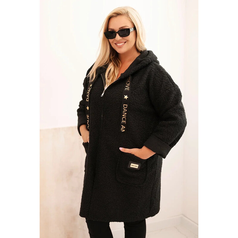 K-Fashion Dámský kabát Plus Size z umělého beránka s kapucí a