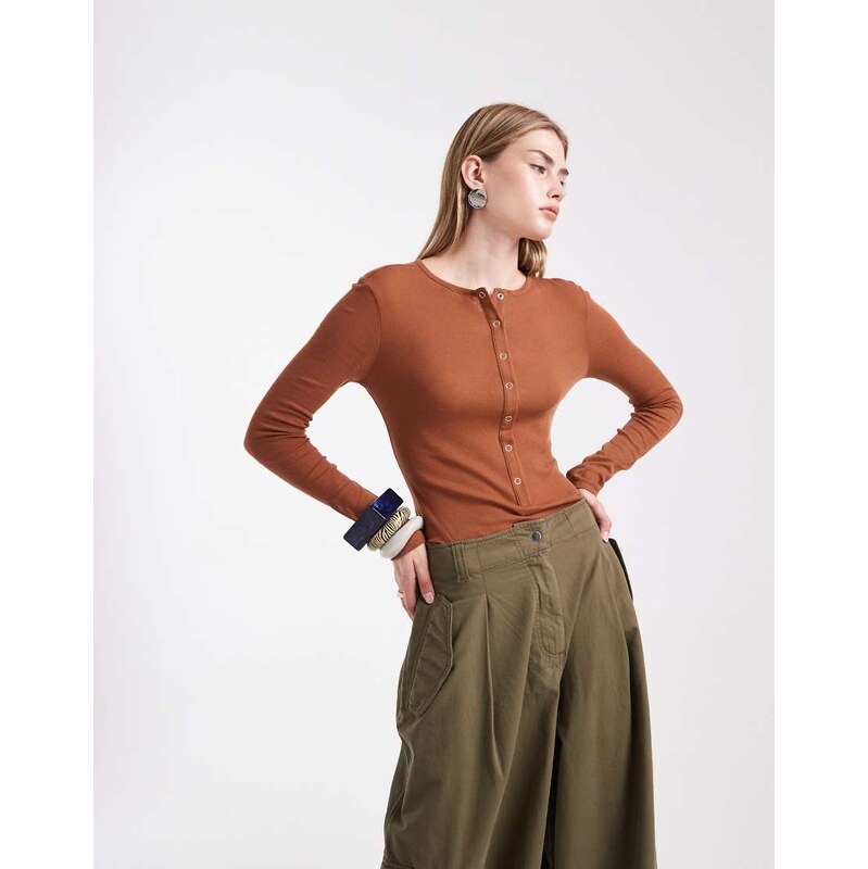 ASOS DESIGN sheer bodysuit with popper detail in brown