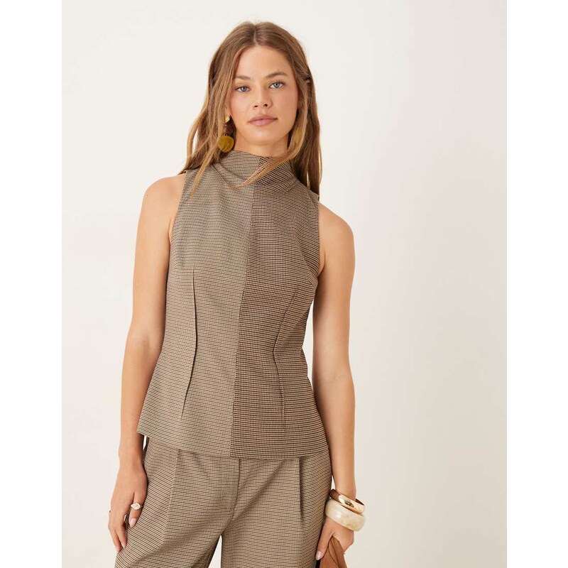 ASOS DESIGN tailored high neck top co-ord in mixed check-Brown