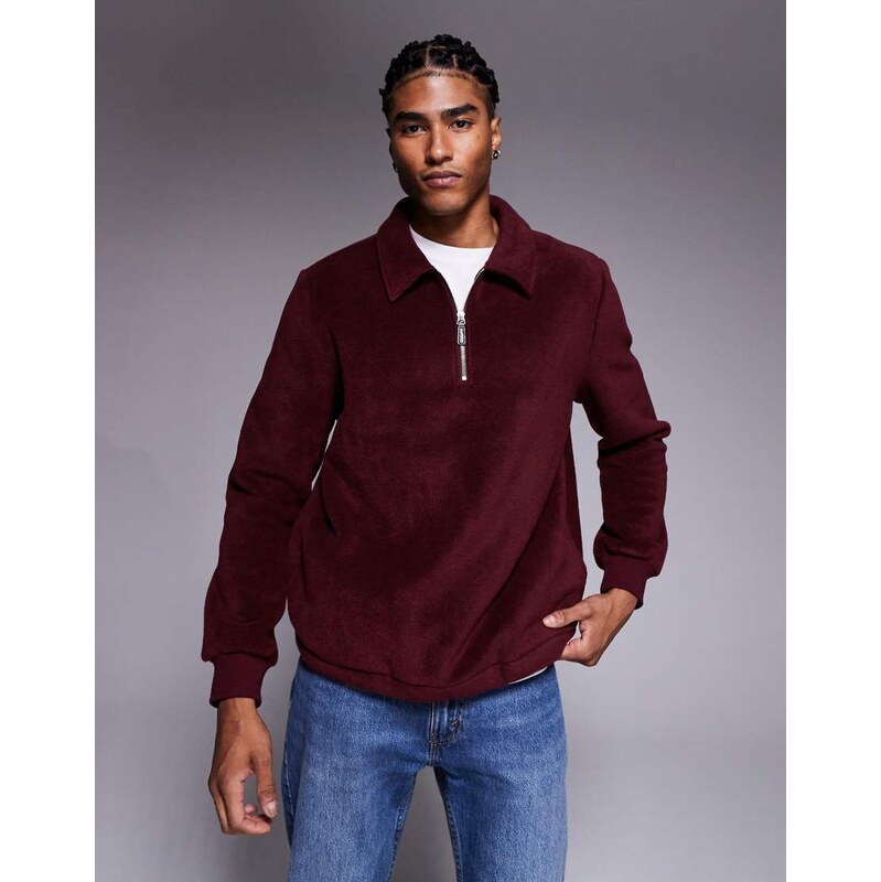 ASOS DESIGN quarter zip fleece sweatshirt with collar in burgundy-Red
