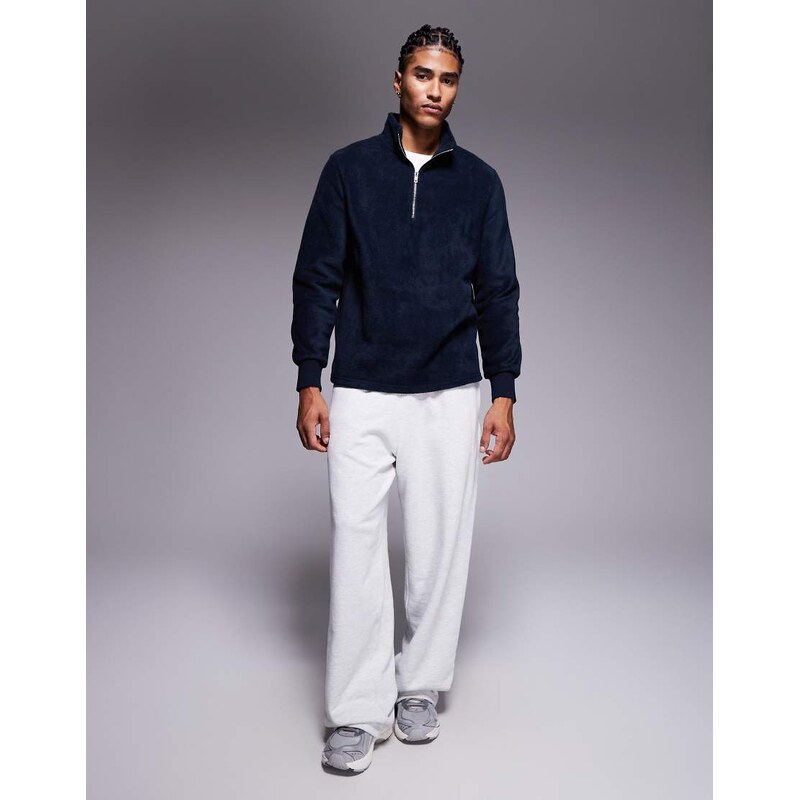 ASOS DESIGN quarter zip fleece sweatshirt with funnel neck in navy