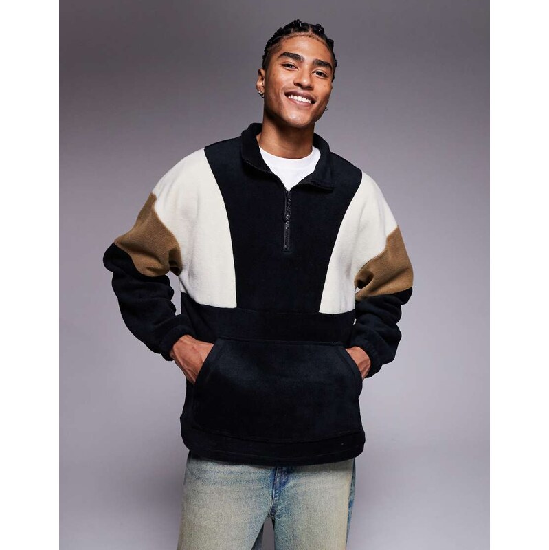 ASOS DESIGN relaxed quarter zip funnel neck fleece sweatshirt with colour block in black