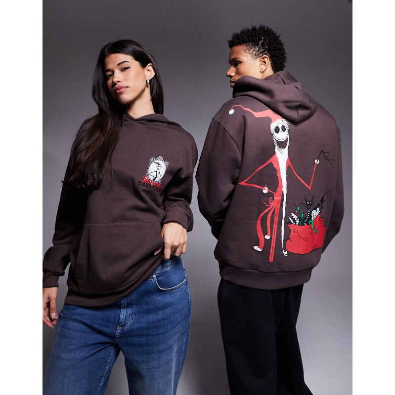 ASOS DESIGN Disney Christmas relaxed hoodie with Tim Burton Jack print in brown-Grey