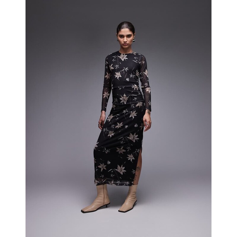 Allsaints Caia printed floral mesh dress in petra brown