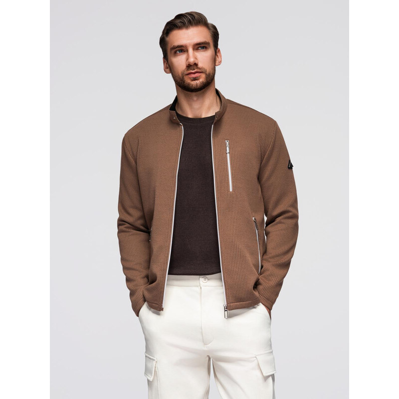 Ombre Mens structured biker jacket with stand-up collar - brown