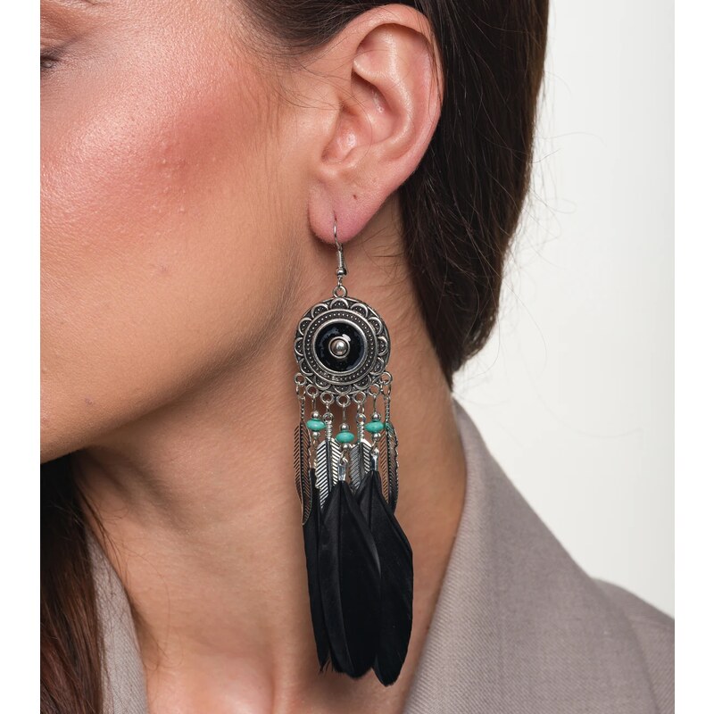 Camerazar Dlouhé Boho Náušnice s Peřím, Kovové, Délka 12,5 cm - Šířka 88794126