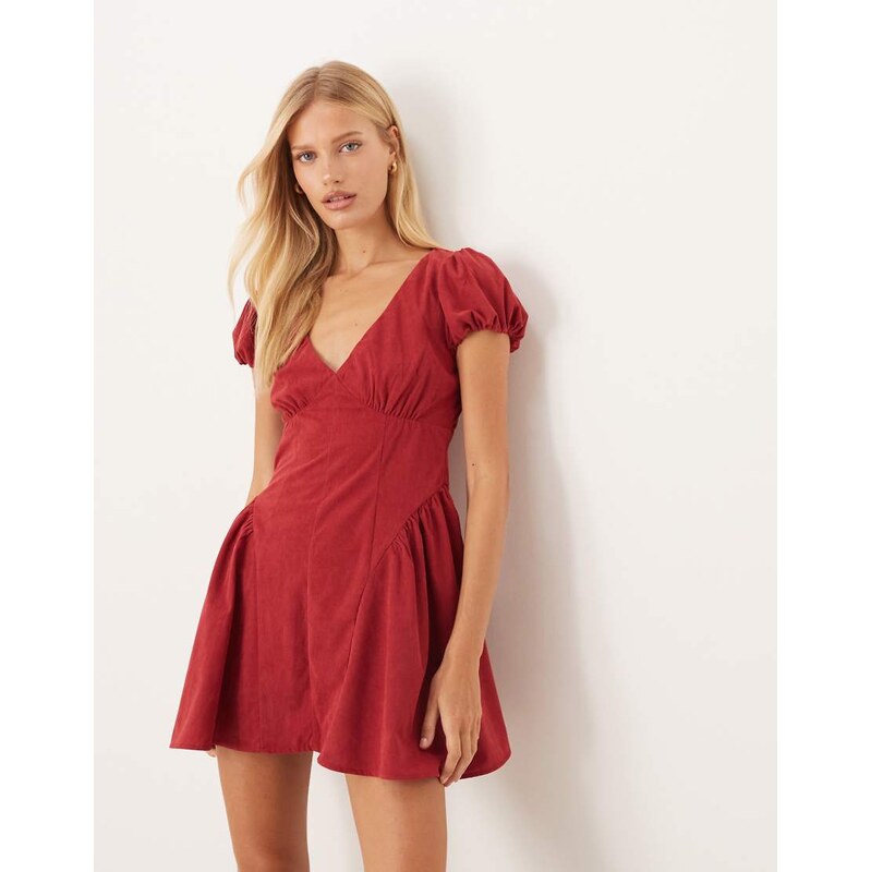 ASOS DESIGN cord corset waist mini dress with puff sleeve in cherry red