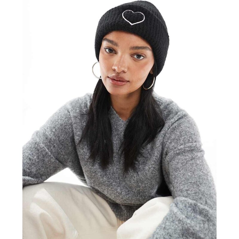 Miss Selfridge knitted beanie hat with heart embroidery in black