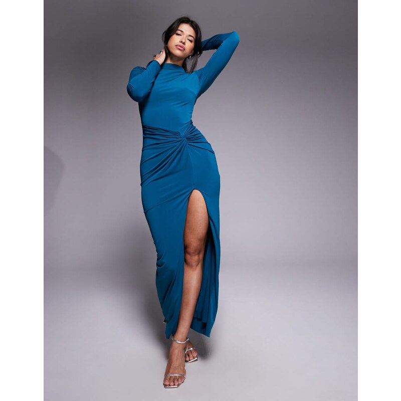 TFNC long sleeve maxi dress with thigh split in teal-Blue 108488456