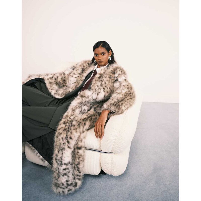 ASOS DESIGN collarless longline faux fur coat in snow leopard-Multi 108488373