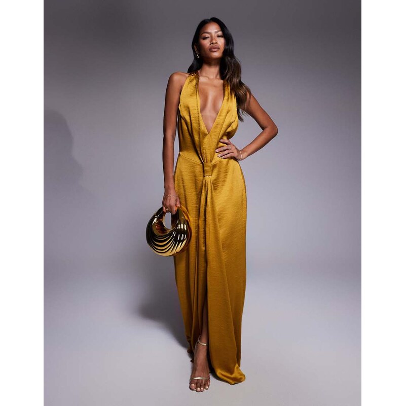 TFNC satin deep v halter neck knot detail drape front maxi dress in 115531881