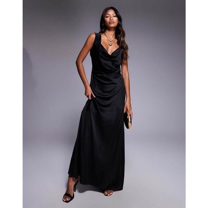 TFNC one shoulder maxi dress with cross strap back in black satin 108494590