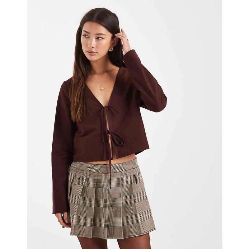 Miss Selfridge long sleeve tie front top in chocolate-Brown 108518102