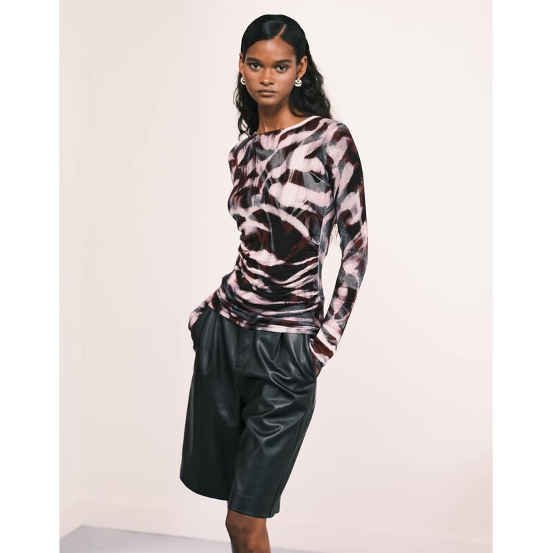 ASOS DESIGN sheer printed knitted soft touch ruched side top in multi 108240773