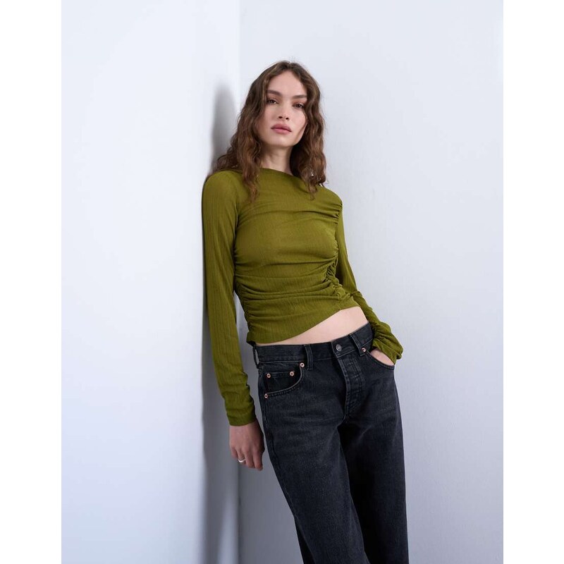 Topshop mesh twisted draped long sleeve top in olive green-Grey 108488563