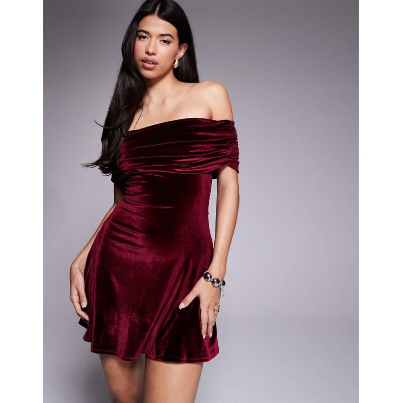 ASOS DESIGN velvet off shoulder skater mini dress in berry-Red