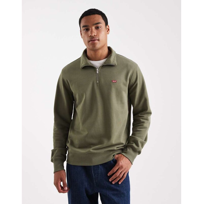 Levis original batwing logo half zip sweatshirt in olive green