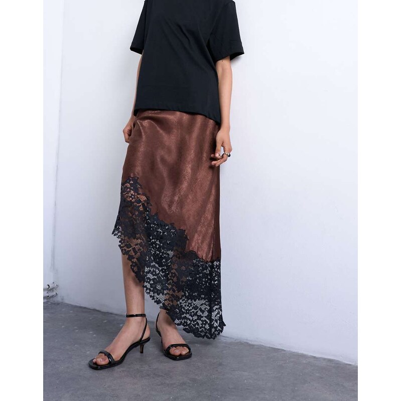 Topshop satin asymmetric lace hem maxi skirt in chocolate-Brown