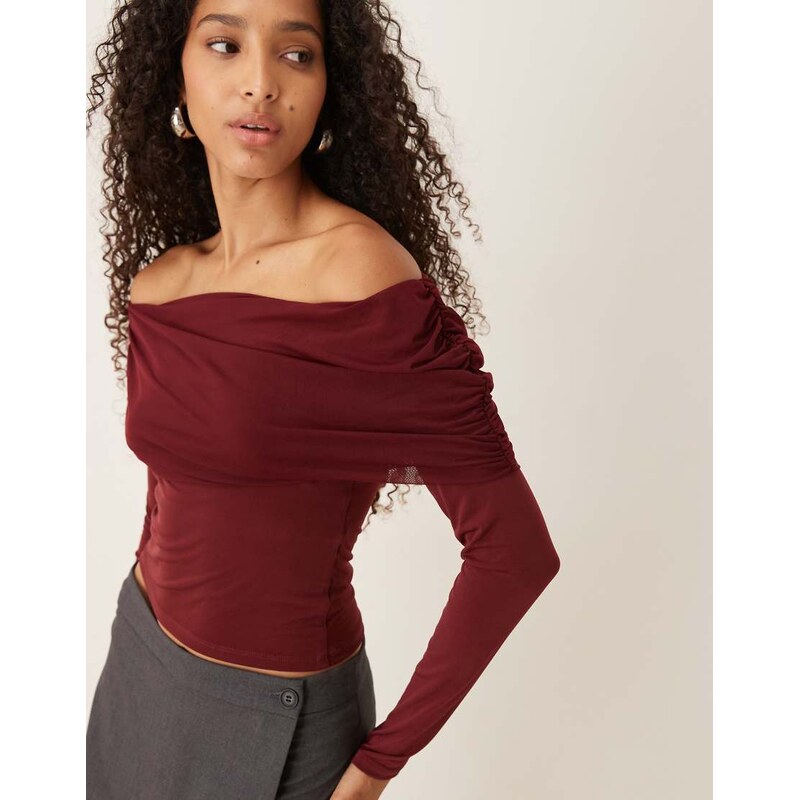 Gina Tricot off shoulder mesh top in burgundy-Red