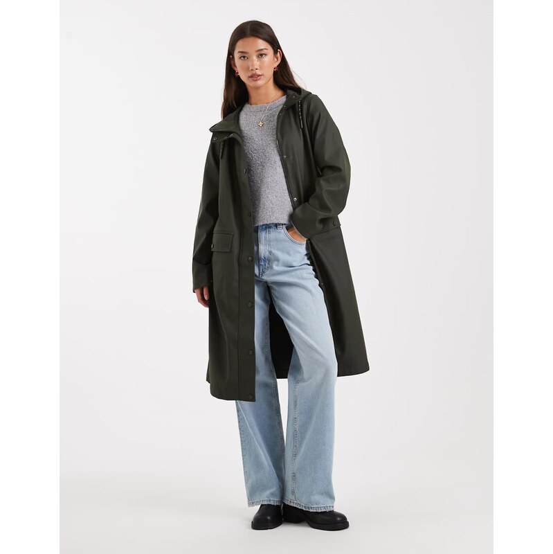 Vero Moda longline hooded raincoat in peat green 115514286