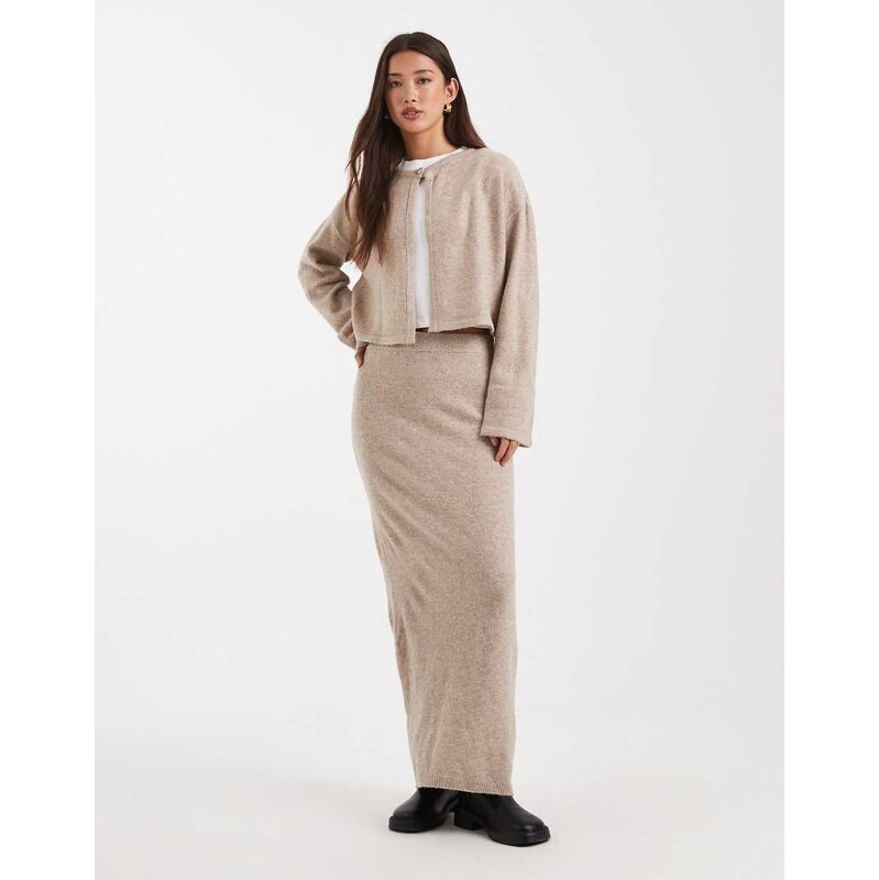 Pieces knitted midi skirt co-ord in taupe grey melange 108491665