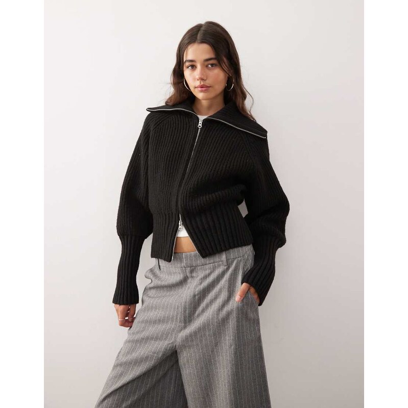 Weekday rib knit zip through cardigan in black 108491678
